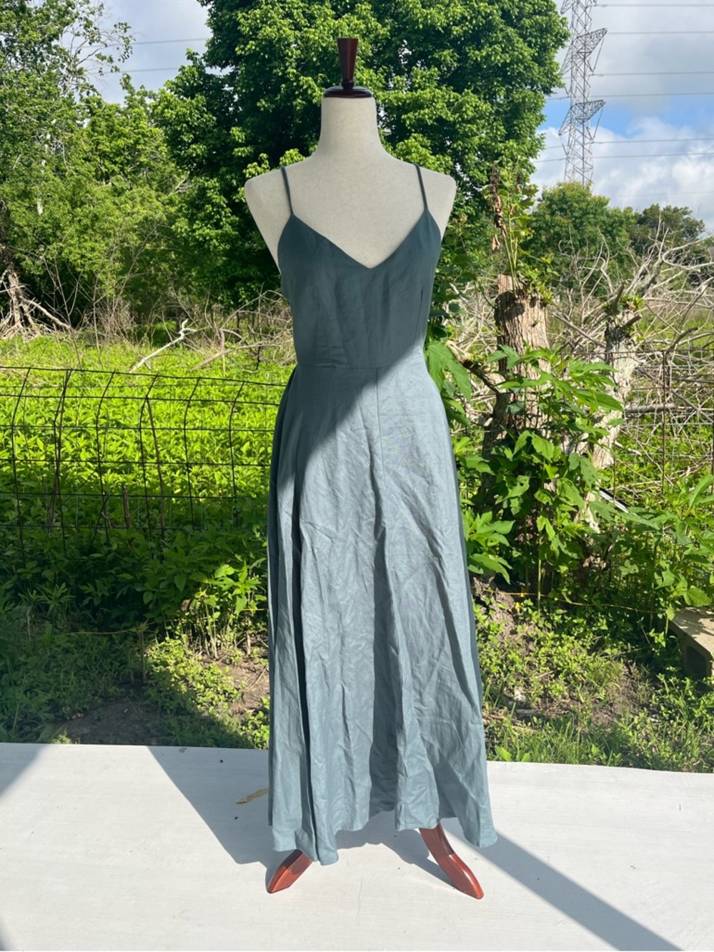 Oysho Linen Blend Maxi Dress in Slate Green